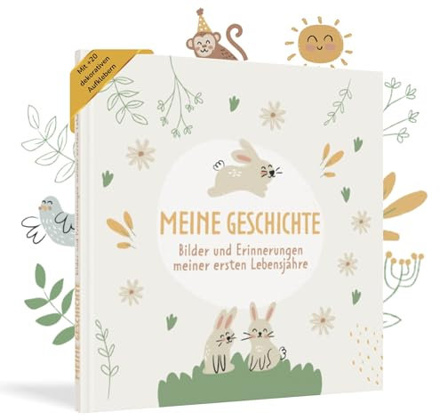 HuBorns - Mein Erstes Jahr Babyalbum bis 5 Jahre zum Einkleben von Fotos und Schreiben mit 50+ Seiten und Stickern, Fotoalbum Baby Mädchen und Jungen, Erinnerungsbuch Ideal als Geschenke zur Geburt