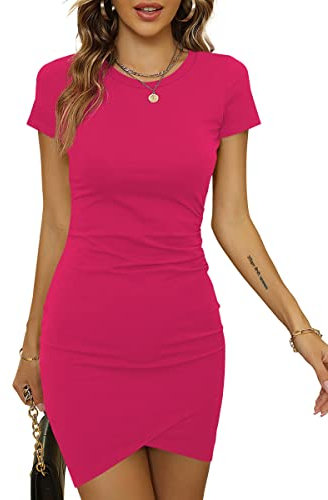 Laughido Mini Robe Portefeuille Moulante à Manches Courtes - Col Rond - Plissée de Plage pour Femme, Framboise, S