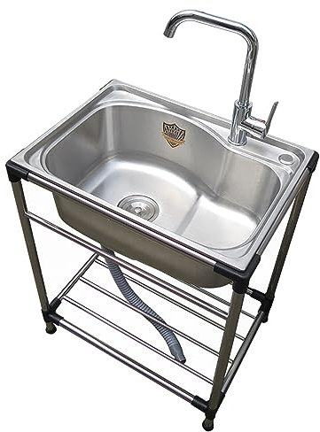 Fregaderos de un seno Fregadero utilitario fregadero de cocina de pie libre de un solo tazón con grifo de agua fría y caliente fregadero de acero inoxidable, para lavadero cuarto de baño granja interi