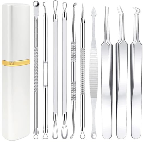 Blackhead Remover Tool, Boxoyx 10 Pcs Professional Pimple Comedone Extractor Popper Tool Acne Removal Kit - Treatment for Pimples, Blackheads, Zit Removing, Forehead,Facial and Nose(All Silver)