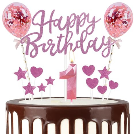 mciskin Pink 1st Birthday Decorations for Girl,3D Number 1 Candle for Cake,Pink Cake Toppers for Girl,Glitter Happy 1st Birthday Cake Toppers for Party Decorations Supplies