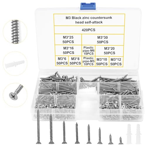 TAIANJI Schrauben Set, 420 Stücke Selbstschneidende Schrauben Holzschrauben mit Dübel, Gemischten Schrauben Sortiment M3 für Reparaturen