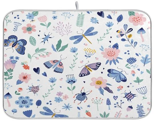 Drying Dish Mat Blue Rustic Flowers Butterfly Dragonfly Dish Wish Drying Mat 16 X 18 Kitchen Counter Drying Mat Drainer Mat Dish Dryer Mats