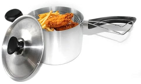 Beaugec Large Chip Pan with Basket - Durable Non Stick Deep Fryer Saucepan – Heavy Duty Pan with Plastic Handles and Lid for Kitchen, Cooking, Potato Chips (Silver, 22cm)