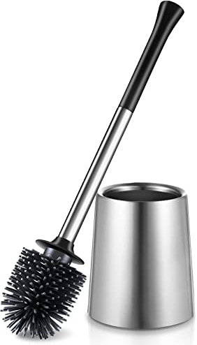 HAMITOR Toilet Bowl Brush Holder Set: Silicone Stainless Steel Deep Cleaning Toilet Cleaner Brush for Bathroom Restroom - Compact Modern Rv Toilet Scrubber Accessories with Caddy