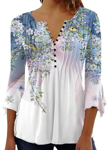 ABYOVRT Blusa de Mujer Camisa Elegante Manga 3/4 Cuello V Estampadas Camiseta Casual Holgada Verano,S-XXL