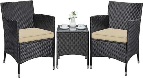 Yaheetech Balkonmöbel Set, Gartenmöbel-Set 3TLG. aus PE-Polyrattan inkl. 2 Stühle mit Sitzkissen & Balkontisch, Terrassenmöbelset Gartensitzgruppe Lounge Set für Balkon Terrasse Garten, Schwarz-Khaki