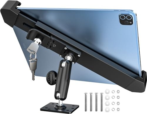 Dosvsi Locking Car Tablet Mount,【Metal Adjustable Arm】 Anti-Theft iPad Holder for Commercial Fleet/Work Truck, Industrial Drill Base Dash Stand for iPad 11 Air Mini, ELD, Galaxy Tab, 7-11 Devices