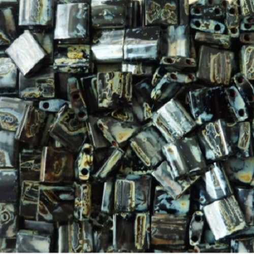 Miyuki 4511 Perles en verre japonais à 2 trous Taille Tila 5 x 5 mm Picasso Opaque Noir fumé 5 g