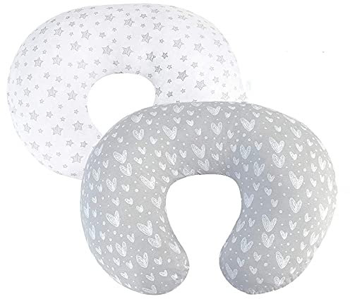 Jowenia 2 federe per cuscino da allattamento a forma di U in cotone, rimovibili e lavabili, per madri che allattano (stelle bianche e cuori grigi)