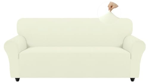 Easy-Going Stretch Sofa Überzug 4 Sitzer, Rutschfester Sofabezug für Hund Katze, Waschbarer Fleece Couch Überzug Bezug, Weicher Küchensofa Couch Cover, 1 Stück Sofaschoner mit Armlehnen, Elfenbein