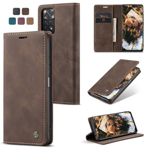owlhold Handyhülle für hülle Xiaomi Redmi Note 11 4G/11s/12s 4G Hülle, Premium Lederhülle Weiches Vintage-Nubukleder Faltbare Ständer Klapphülle für Redmi Note 11 4G/11s/12s 4G -Kaffee