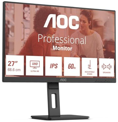AOC U27E3UF - 27 Zoll Ultra HD Monitor, höhenverstellbar, Lautsprecher, Adaptive Sync (3840x2160,60 Hz, 1x DisplayPort 1.2, 2X HDMI 2.0, USB-Hub) schwarz