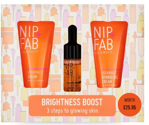 Nip + Fab Brightness Boost Vitamin C Gift Set Designed to Brighten, Smooth and Hydrate Your Skin, Vitamin C Serum, Gel Cream and 15% Vitamin C Concentrate, Secrent Santa Gift, Stocking Filler
