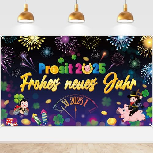 DPKOW Glücksbringer Silvester Deko 2025, Frohes Neues Jahr Prosit 2025 Banner für Neujahrsglücksbringer, Glücksschwein Kleeblatt Silvester Hintergrund, 185 * 110 cm