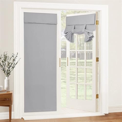 Momooda Französischer Türvorhang Blickdicht, Hellgrau, 86x203cm | Tür Vorhang ohne bohren, Selbstklebender Verdunkelungsvorhang für das Fenster vor der Vordertür mit Raffhalter, 1 Paneel