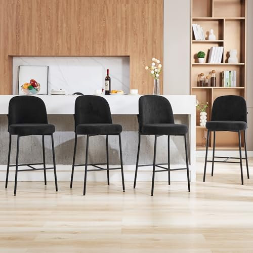 LONXIU Taburete Alto de Cocina, Juego de 4 Taburetes Altos con Respaldo Reposapiés, Taburete Cocina de Tela Boucle, Altura del Asiento 71cm, para Isla de Cocina/Bar, Negro
