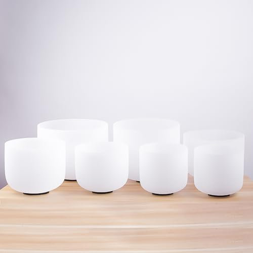 Chakra Tuned Set of 7 Quartz Crystal Singing Bowl 8G+8A+8“B+10F+10E+12D+14C for Meditation, Yoga and Relaxation