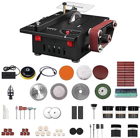 ACAGALA Mini sega da tavolo e levigatrice a nastro da 200 W con asta di prolunga, pinza di tensione, molatura, intaglio, set di perforazione, sega circolare da tavolo a velocità variabile, profondità
