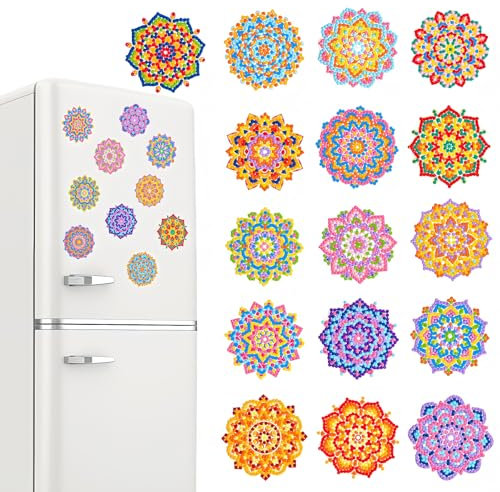 QIUQI 16pcs Malen Nach Zahlen Mandala Magnete, Diamond Painting Kühlschrank Magnete, Malen Nach Zahlen Kinder Erwachsene, 5D Diamant Painting Mandala für Home Wand Dekor, Geschenke für Mädchen