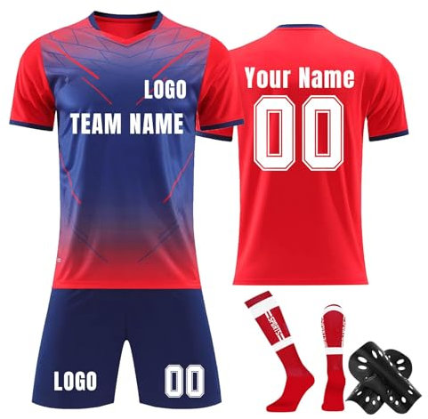 Generisch Herren Personalised Fußball Trikot Atmungsaktiv Football Spieltrikot Individuelles Fußballtrikots Sport Jersey Anzug Fussball T-Shirts Shorts Socken Schienbeinschoner Set A05 Red