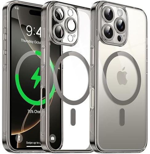 Flyzoo Magnetisch Hybrid Clear Hülle für iPhone 16 Pro Max - [Kompatibel mit MagSafe] [Verfügt Kameraschutz Folie] Durchsichtig Handyhülle Stoßfeste Transparente mit Silikon Schutzhülle, 6,9, Grau
