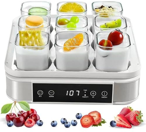 YLANMEI Yogurtera Digital automática con Control de Temperatura y Tiempo Ajustables, máquina de fermentación con 9 frascos de Vidrio, para Yogur, Masa, natto, arroz y Vino