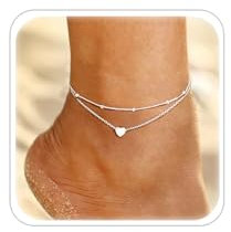ESHIONER Fußkettchen für Damen Fußkette Silber Titan Stahl Double Layer Verstellbare Herz Fußkettchen Fuß Strand Sommer Wasserdicht Multilayer Wasserfester Schmuck Fussketten für Frauen Mädchen