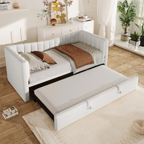 Arhatreya Schlafsofa 90/180x200 cm, Polsterbett mit Ziehbett, Einzelbett mit Rollbett, Daybett Sofabett Doppelbett für Wohnzimmer Gästezimmer Schlafzimmer (Ohne Matratze) Samt, Weiß