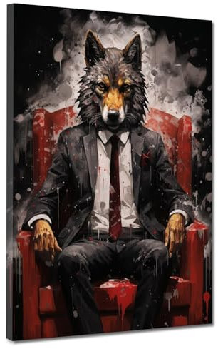 Wolf im Anzug sitzend im roten Sessel Leinwandbild Wandbild Kunstdruck Wanddeko Größe 90x120x4cm