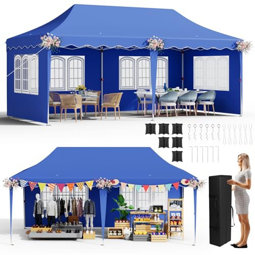 Tonnelle de Jardin Pliable 3x6, Pop-up, Tonnelle pliante Imperméable, Chapiteau UV 50+, Réglable Hauteur (290-300-310cm), avec 4 Côtés et 6 Sacs de Sable, Tente de Jardin pour Festival Plage Sac, Bleu