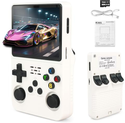 R36S Retro Handheld Game Console with 3.5-Inch Screen,64G Built-in 15000+ Classic Games, Open Source System, Portable Classic Handheld Game Console -Birthday Gift for Kids ,Teens ,Man(White)