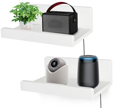 FURAOMEILI Floating Wall Shelves Set of 2, 12-Inch Solid Wood Shelves with Cable Holes, Small Display Shelf for Router, Webcam, Smart Speaker, Camera – White