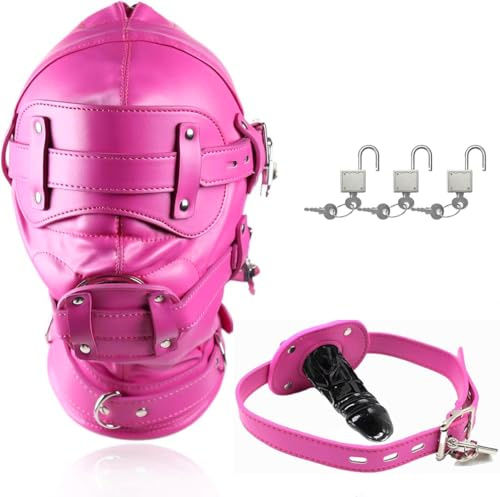 ZYDHHP Leder Bondage Maske mit Dildo Knebel und Halsband für Rollenspiele | Verstellbare Leder Kopfhaube | Mit abnehmbarem Knebel & Augenmaske | Komfortabel, sicher und ideal für Rollenspiele