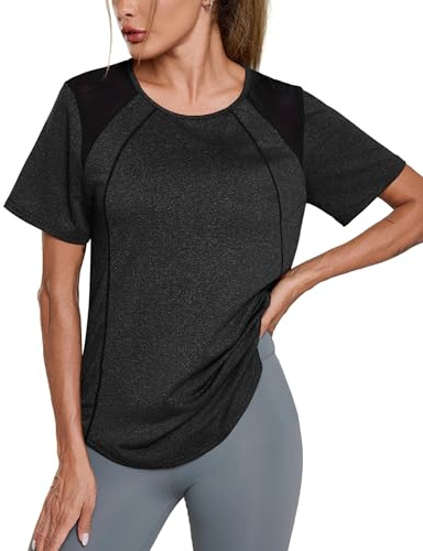 Terecey Short Sleeve Gym Tops for Women Mesh Insert on Back Breathable Casual Workout T-Shirts Ladies UK Quick Dry Sports Pilates Yoga Tee Hollow Back Activewear, Black XL