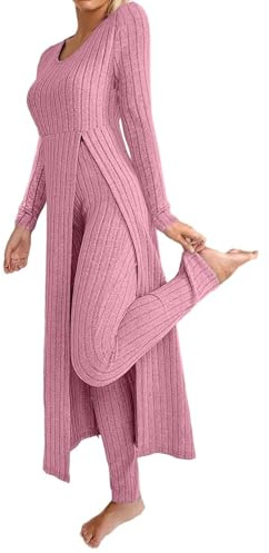 KBOPLEMQ Tuta da donna in due pezzi, a maniche lunghe, a coste, top e leggings, set da due pezzi, per il tempo libero, casual, da jogging, a maglia, pantaloni lunghi