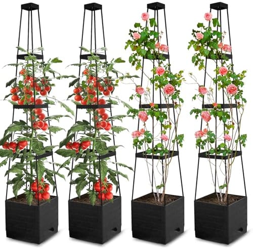 MYMULIKE 4 Stück Tomatentopf mit Rankhilfe, 145 cm Selbstbewässerung Tomaten Rankhilfe, Tomatenturm mit Wasserspeicher, Pflanzkübel Pflanzenstütze für kletternde Pflanzen/Blumen