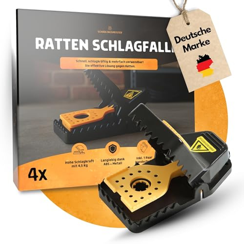 Rattenfallen Schlagfallen - 4 Stück - 4,5 kg Schlagkraft - Langlebig Dank ABS + Metall - Inkl. 1 Paar Handschuhe - Wiederverwendbare Rattenfalle für Keller, Garage & Außenbereich - Mausfalle