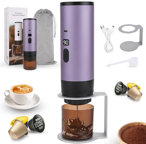 Euakee 3 in 1 Caffettiera Portatile, Macchina da Caffè Espresso Capsules, Senza Fili & Auto-Riscaldante, 15 Bar, 90 ml, Può preparare 50 tazze di caffè, per Viaggi Campeggio Auto Ufficio (Viola)