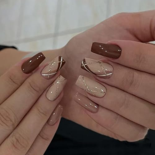 Trendy 24PCS Milk Coffee Brown Nails – Bling Geometric Pattern & Glitter Accent, Short Square Shape, ABS Material with Jelly Adhesive Tabs, Perfect for Weddings, Parties & Photoshoots