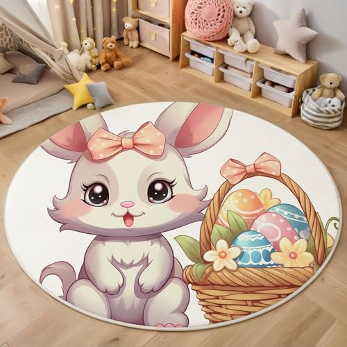 Kinderteppich für Jungen Mädchen Cartoon-Stil Osterhase 80cm Rund Blau - Kurzflor Waschbarer Teppich Extra Weich und Antiallergen - Teppich für Kinderzimmer
