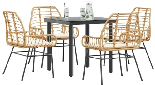 Tonture Salon de jardin, 5 pièces, en polyrotin marron, avec coussins, plateau en verre, 80 x 80 x 74 cm, robuste ensemble de meubles d'extérieur pour terrasse et balcon