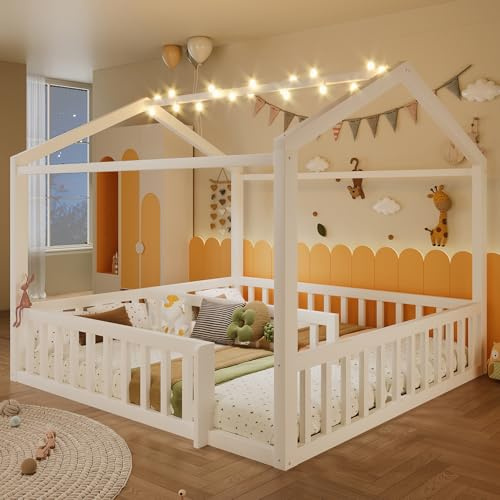 Ktipm Cama Infantil Montessori 180x190 cm con Luz LED y Barandilla, Cama Niño Criança con Diseño de Casa y Lamas de Madera, Camas Infantiles Cuna con Diseño Desmontable, Sin Colchón, Blanco