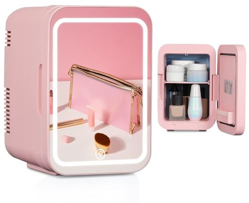 YU YUSING Mini Kühlschrank 4L Kosmetik Kühlschrank mit LED Spiegel AC+DC | Tragbarer, Klein Skincare Fridge für Skincare & Getränke mit Kühl & Wärmefunktion 12V/220V für Autos Büro Schlafzimmer, Rosa