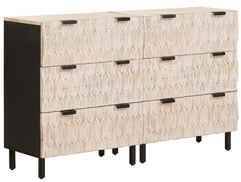VGLQNRPT Sideboard 2er Set aus massivem Mangoholz mit 6 Schubladen, Anrichte Kommode für Wohnzimmer, Weiß gewaschenes Finish, 120 x 33 x 75 cm