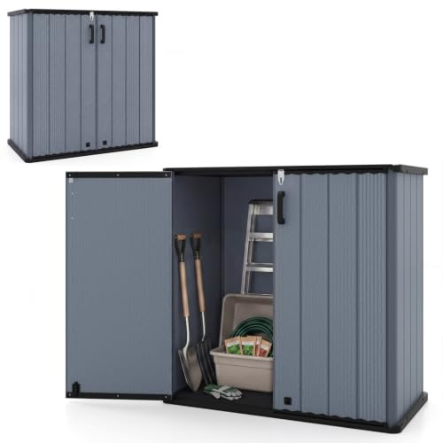 RELAX4LIFE Gartenschrank wetterfest Outdoor, 120 x 65 x 117 cm, Geräteschrank mit 2 abschließbaren Türen, Gartenbox aus Kunststoff, Aufbewahrungsschrank für Garten, Terrasse, Pool (Grau)