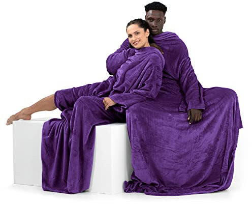 DecoKing Decke mit Ärmeln Geschenke für Frauen und Männer 170x200 cm Violett Microfaser TV Decke Kuscheldecke Weich Lazy