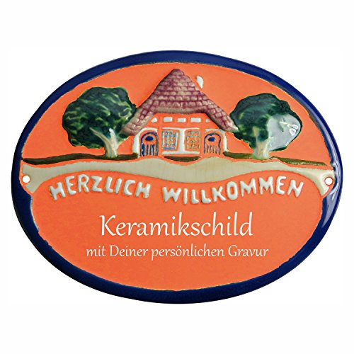 Handarbeit aus Schleswig-Holstein Keramikschild 19,5 x 14,0 cm Motiv Haus Herzlich Willkommen (Terracotta)