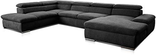 Cavadore Wohnlandschaft Alkatraz im modernen Design / U-Form mit Ottomane links und Longchair rechts / Inkl. Bettfunktion + Kopfteilverstellung / 350 x 73 x 226 / Schwarz