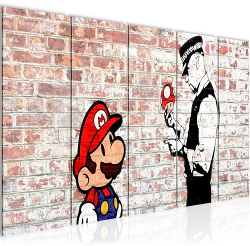 Runa Art Wandbild XXL Mario and Cop Banksy Jugendzimmer Wohnzimmer 200 x 80 cm Braun Bunt 5 Teilig - Made in Germany - 006555b